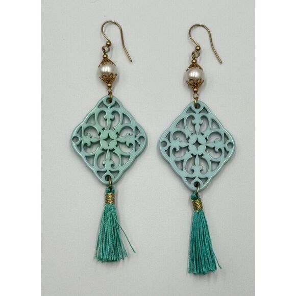 Aqua Teal Lightweight Gold Tone Boho Scroll Faux Pearl Dangle Fringe Earrings - Picture 1 of 8